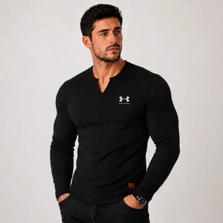 Men's Notch Neck Long Sleeve Henley – Ribbed Cotton Fit