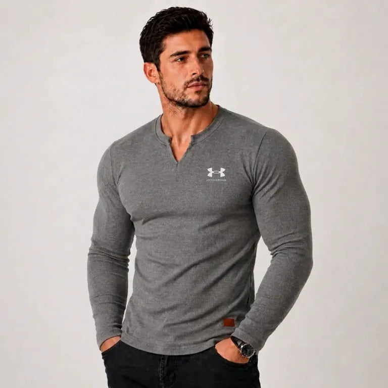 Men's Notch Neck Long Sleeve Henley – Ribbed Cotton Fit