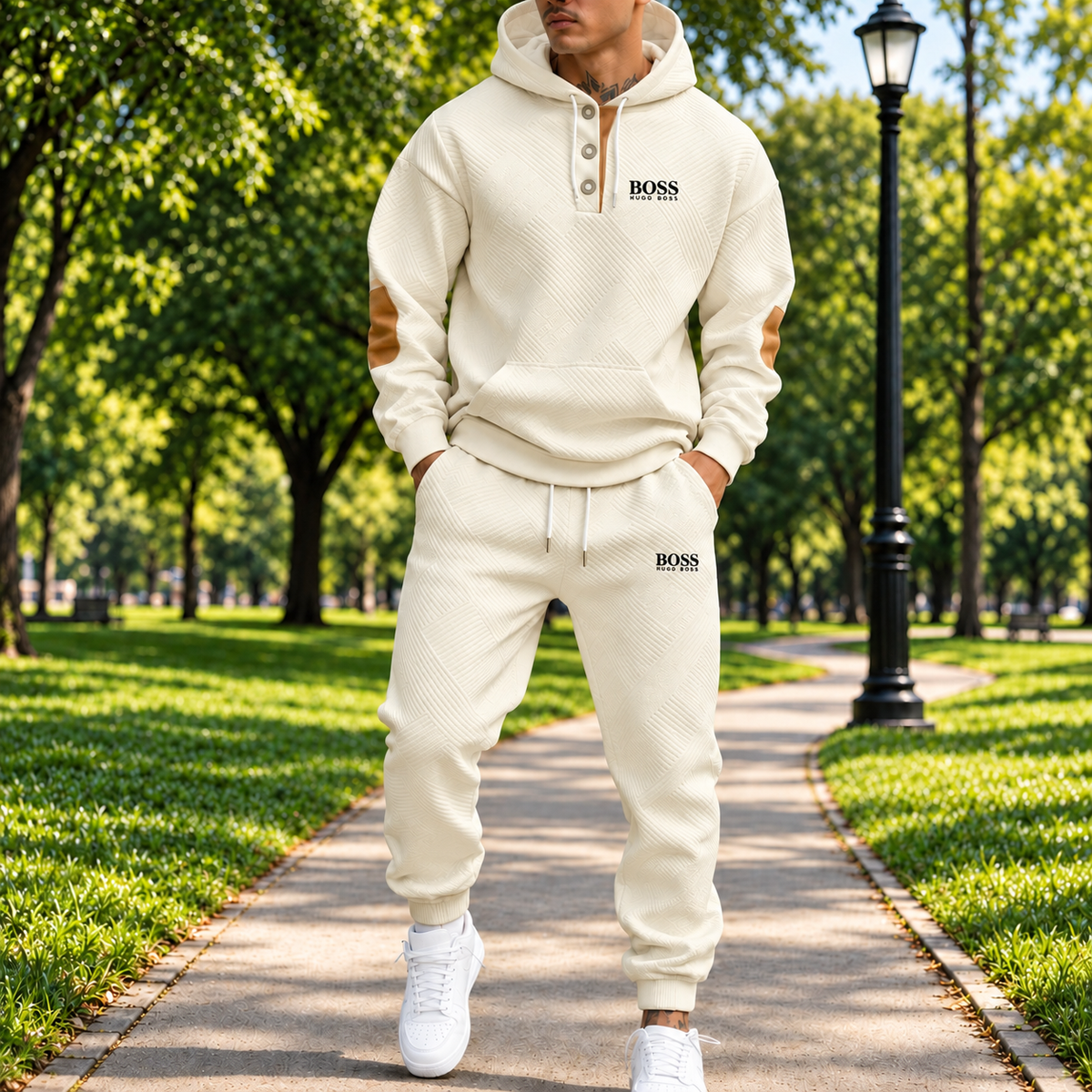 Men's Textured Three-Button Hooded Tracksuit