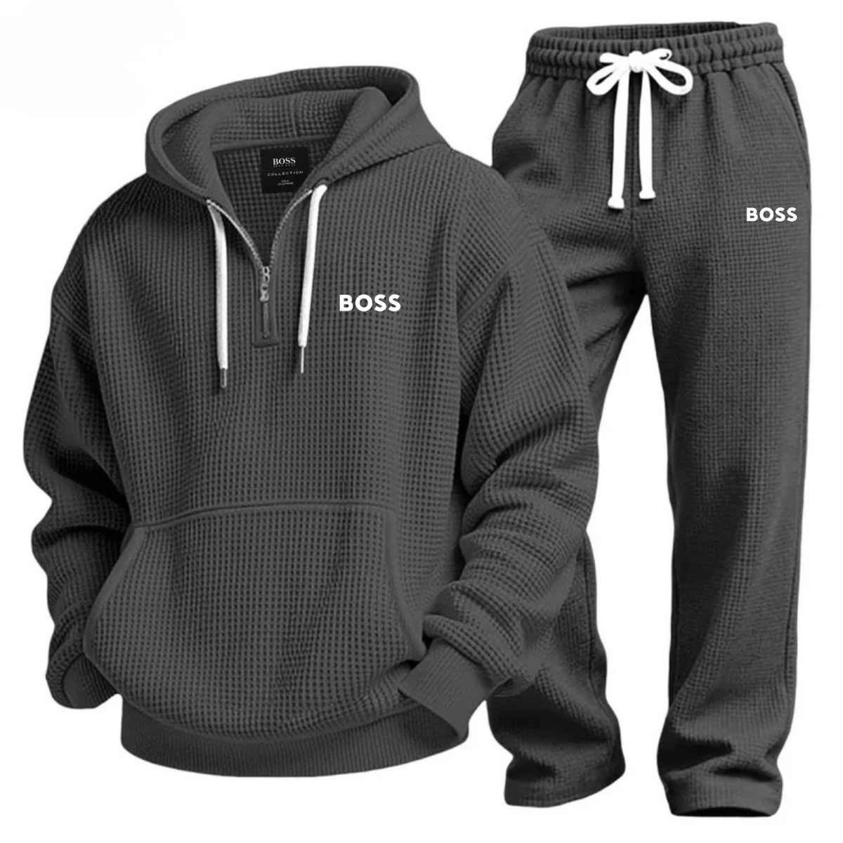 Textured Quarter-Zip Hooded Tracksuit Set