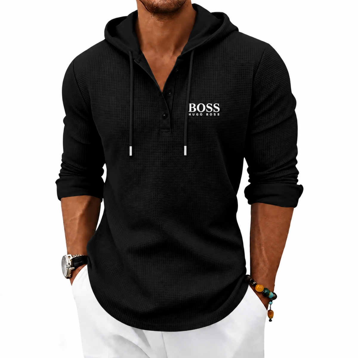 Men's Textured Hooded Henley Top