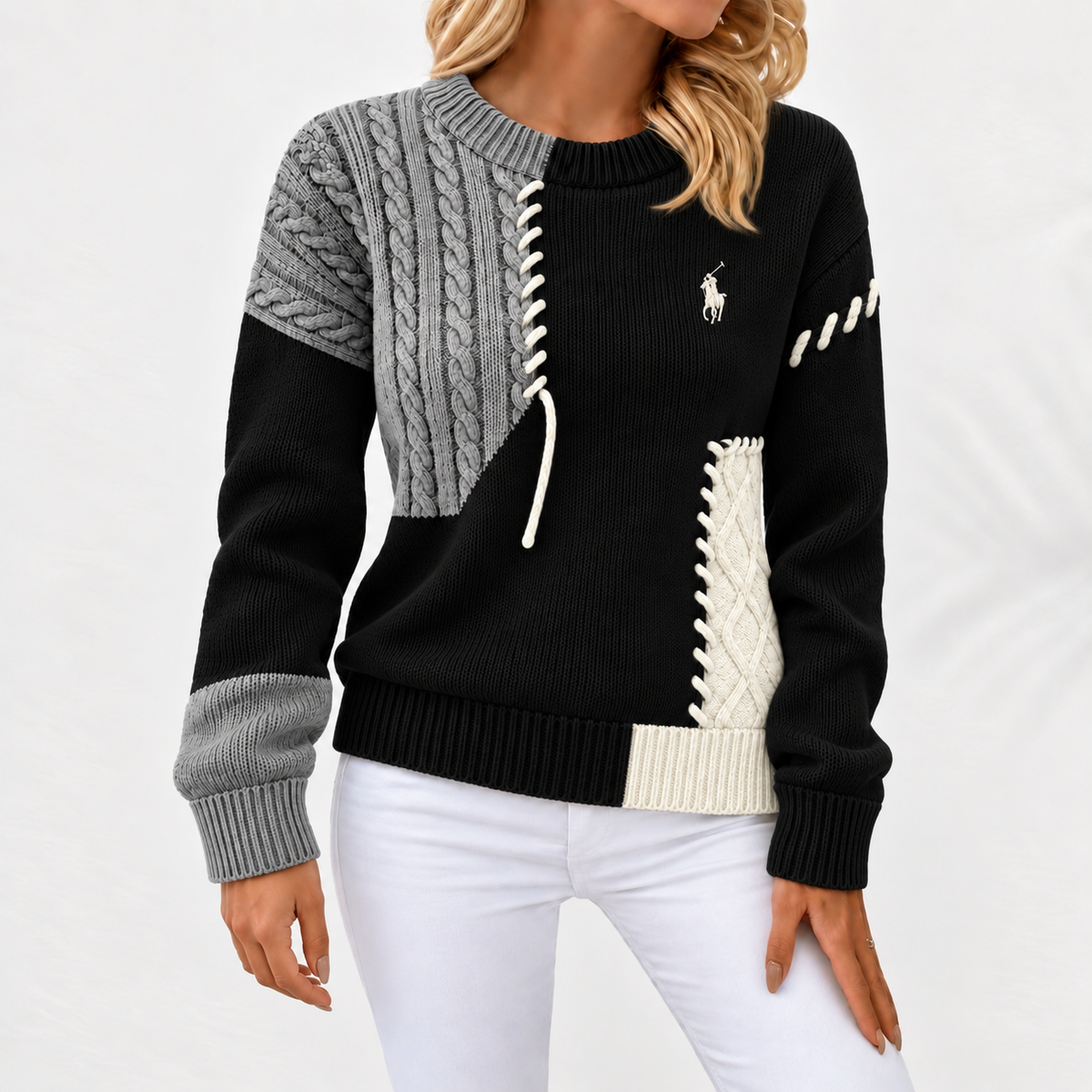 Women's Patchwork Cable-Knit Crewneck Sweater
