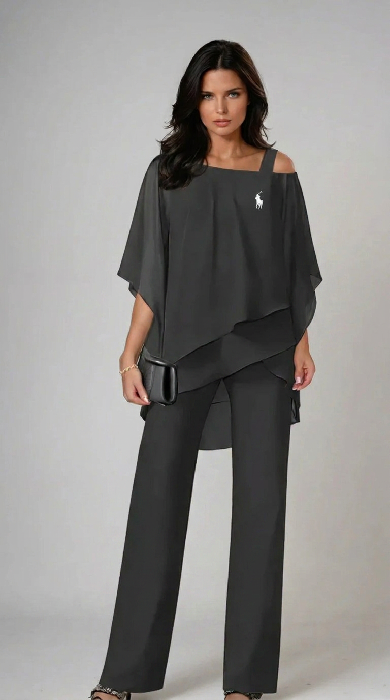 Women's Elegant Chiffon Two-Piece Pant Set | Loose Fit Cold Shoulder Matching Outfit