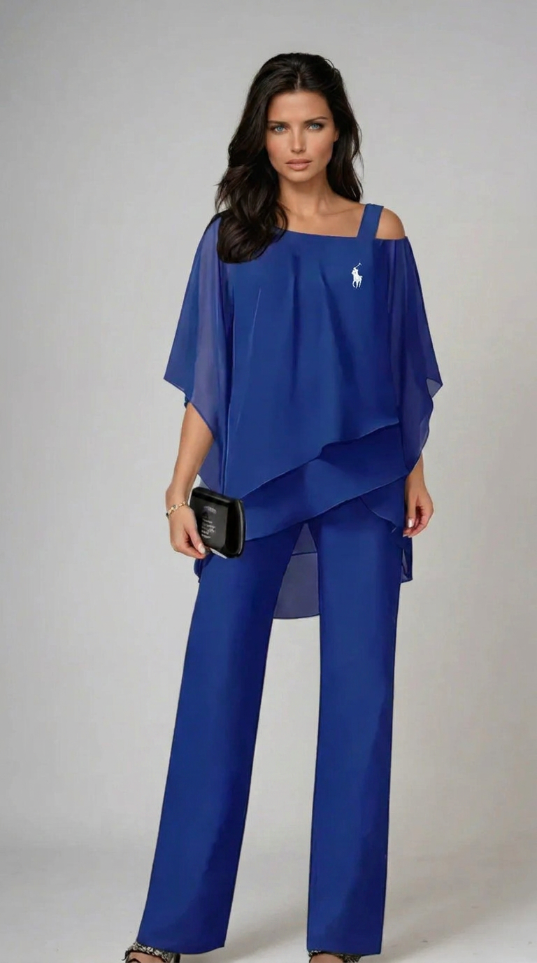 Women's Elegant Chiffon Two-Piece Pant Set | Loose Fit Cold Shoulder Matching Outfit