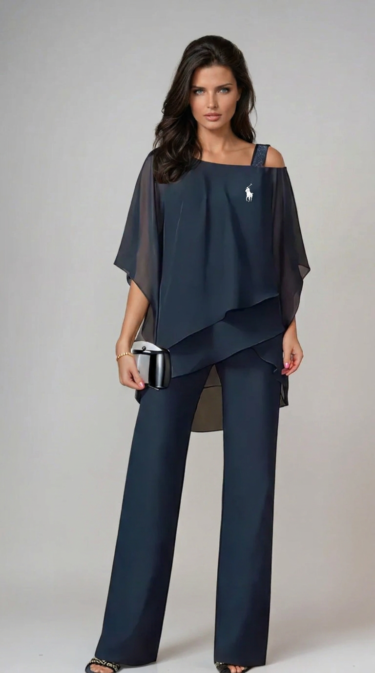 Women's Elegant Chiffon Two-Piece Pant Set | Loose Fit Cold Shoulder Matching Outfit