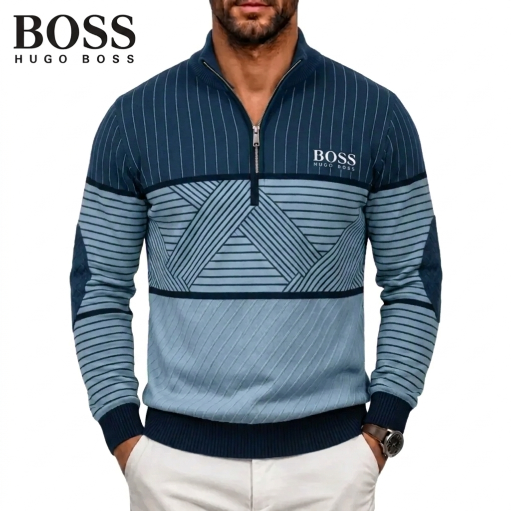 Men's Geometric Stripe Quarter-Zip Sweater