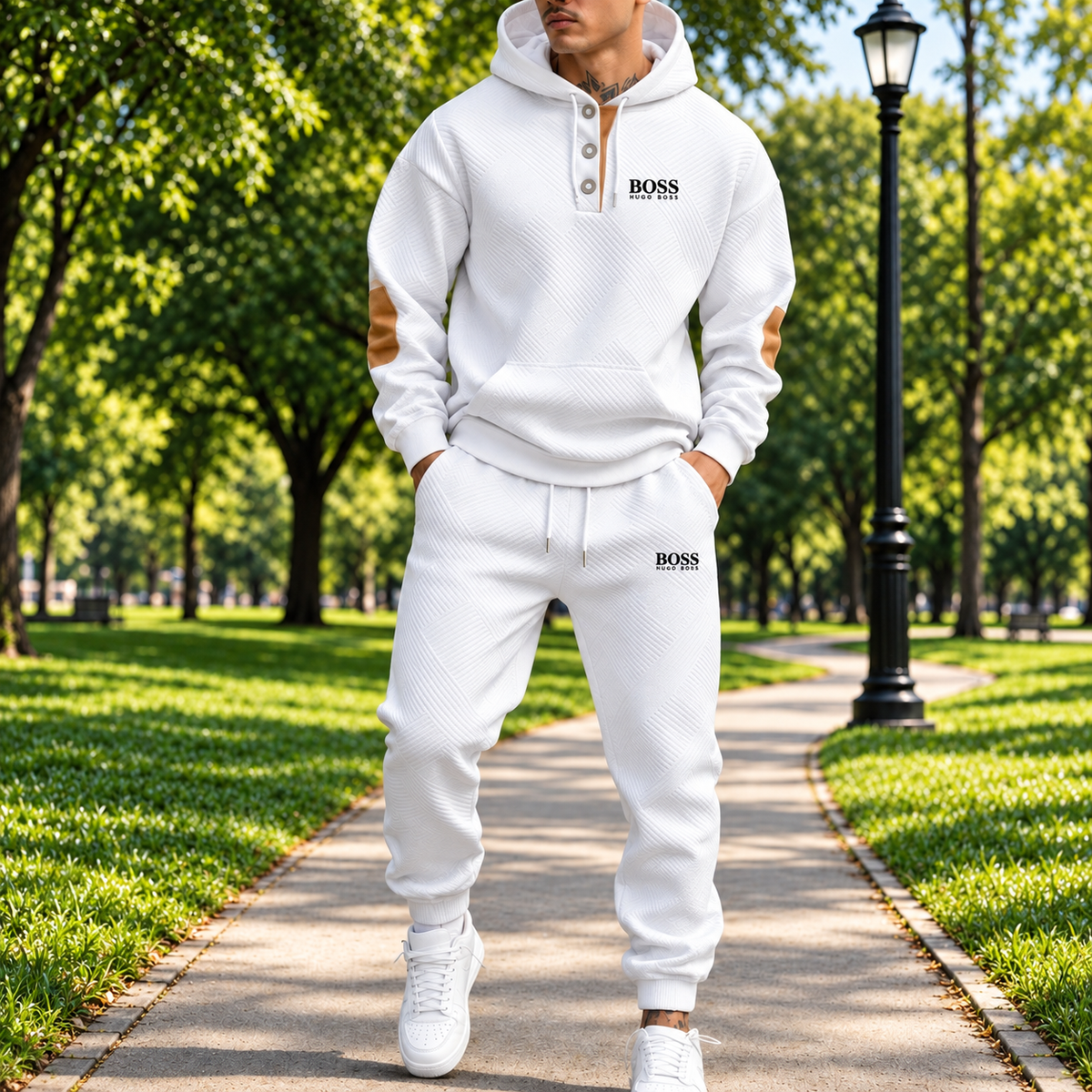 Men's Textured Three-Button Hooded Tracksuit