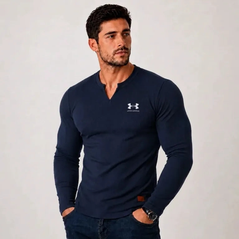 Men's Notch Neck Long Sleeve Henley – Ribbed Cotton Fit