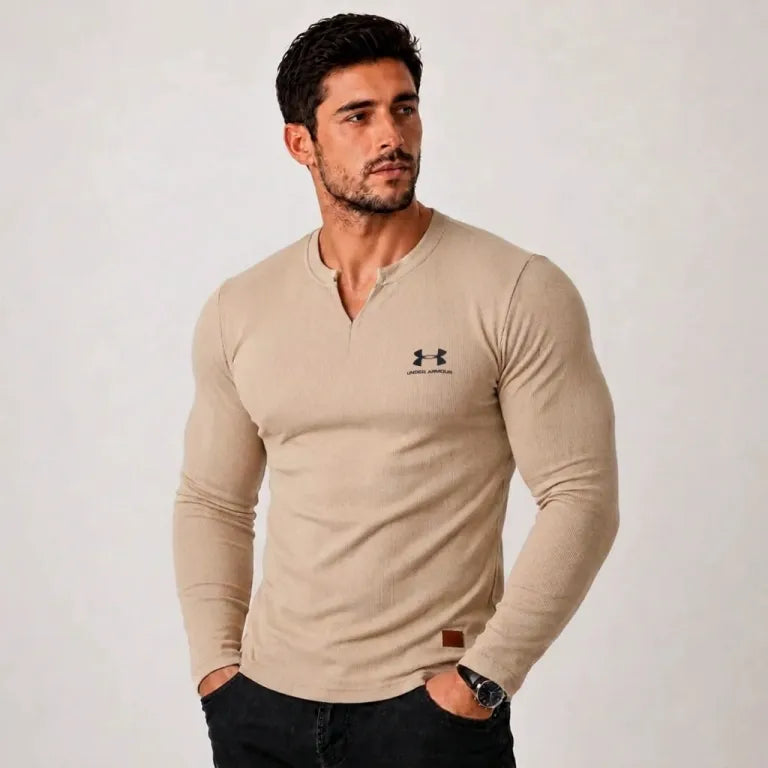 Men's Notch Neck Long Sleeve Henley – Ribbed Cotton Fit