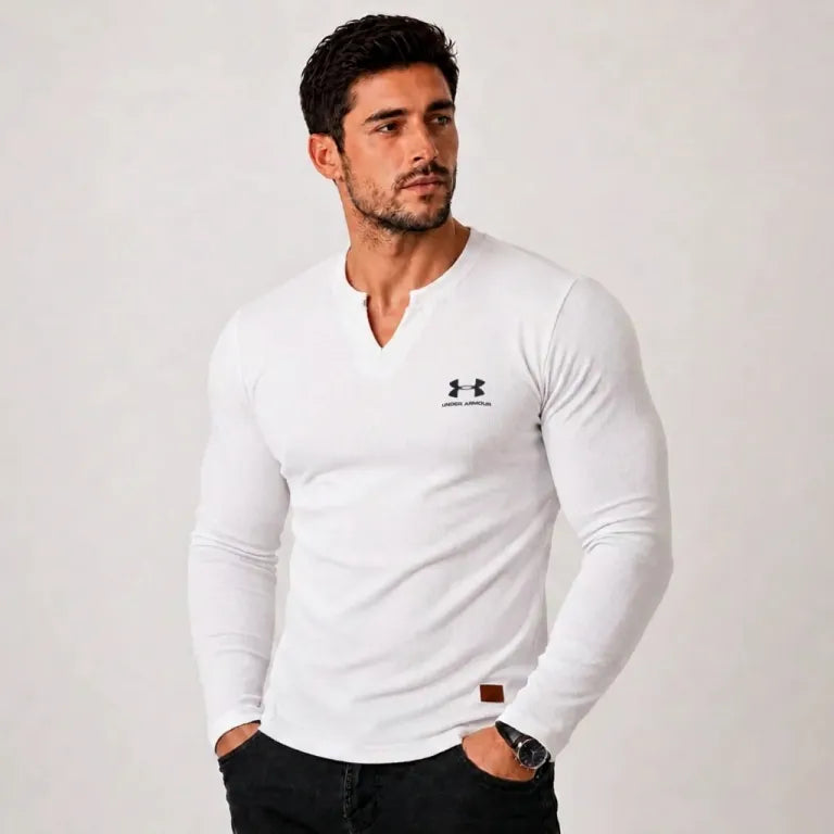 Men's Notch Neck Long Sleeve Henley – Ribbed Cotton Fit