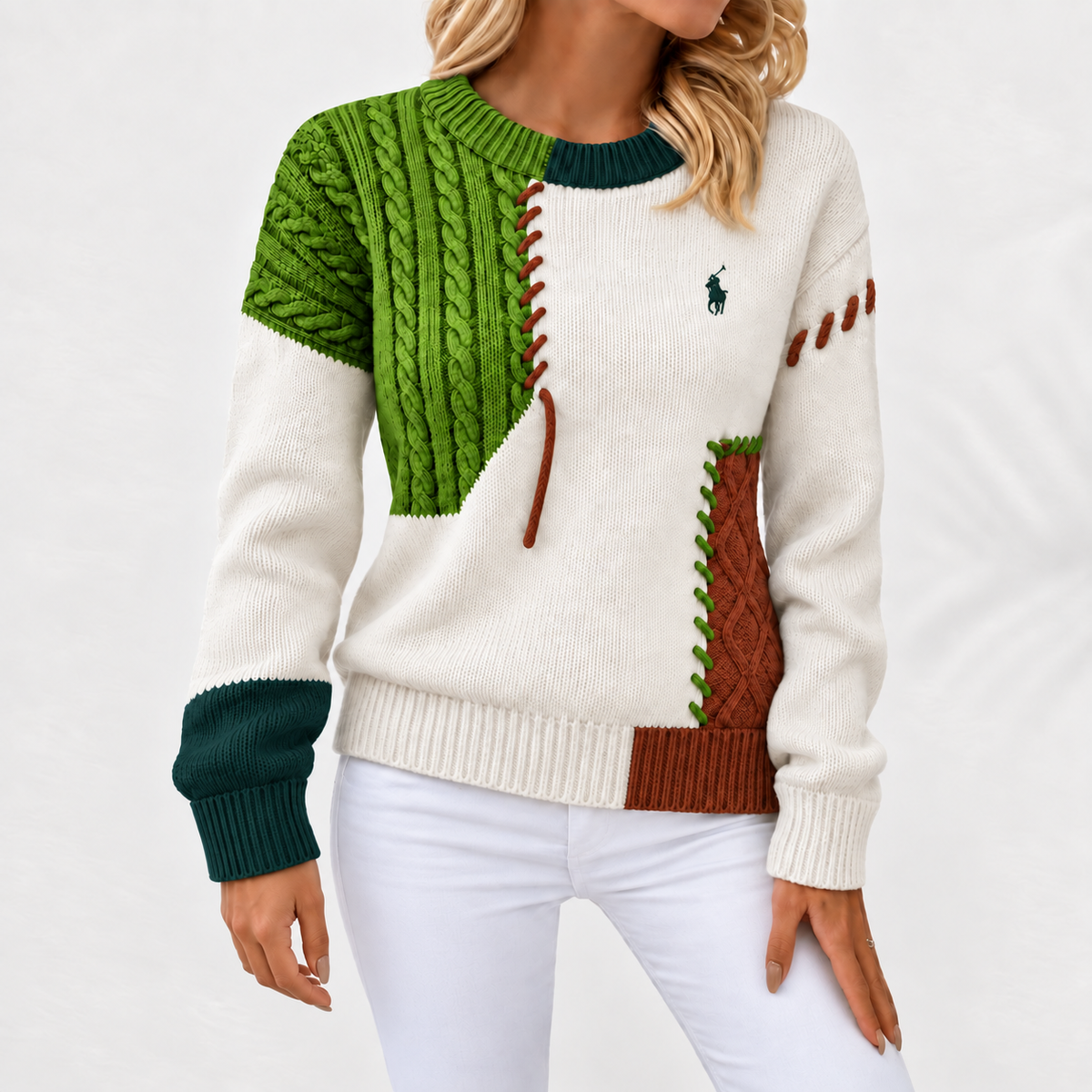 Women's Patchwork Cable-Knit Crewneck Sweater