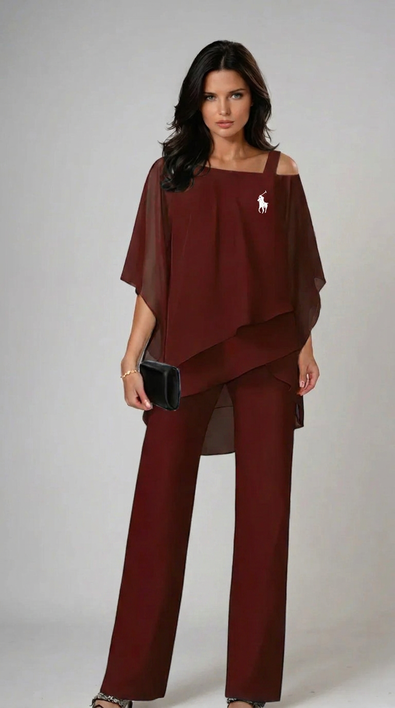 Women's Elegant Chiffon Two-Piece Pant Set | Loose Fit Cold Shoulder Matching Outfit