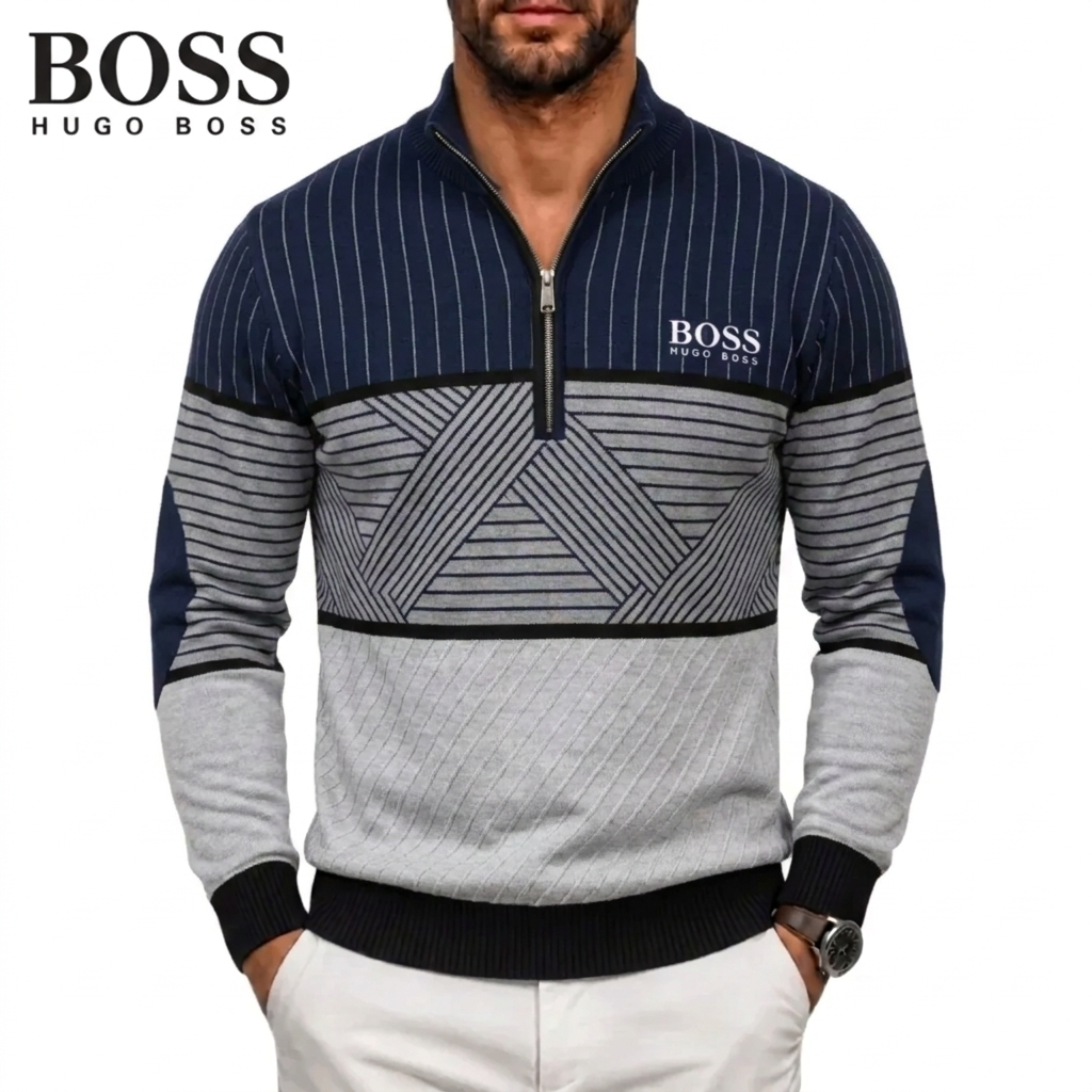 Men's Geometric Stripe Quarter-Zip Sweater